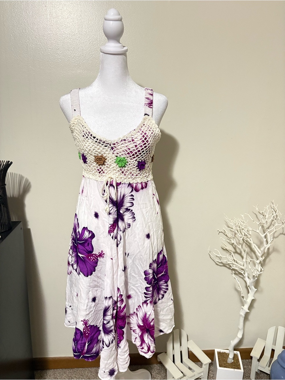 White Floral Crochet Bodice Midi Dress with Purple Print